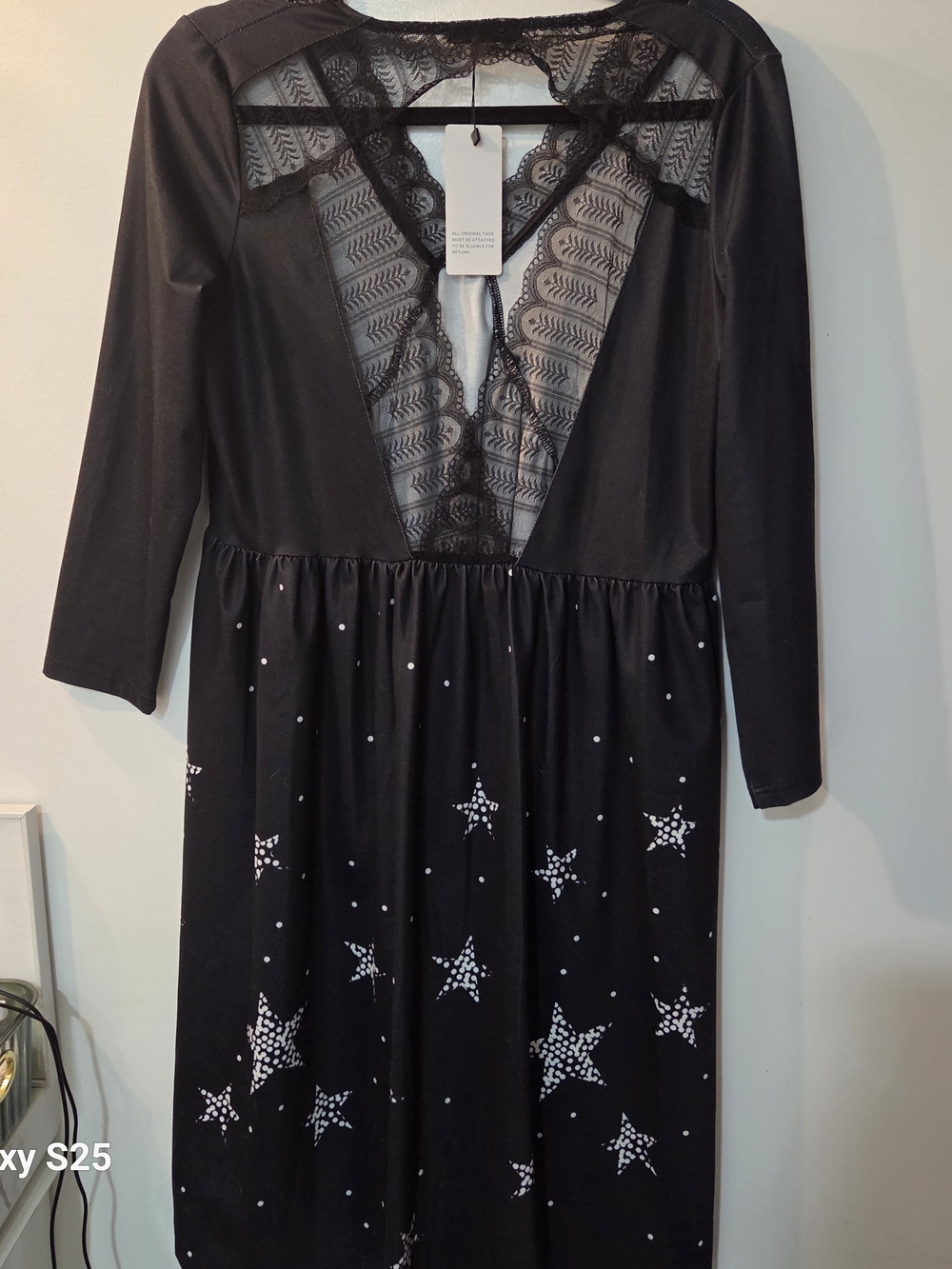 SHEILAY Black Long Sleeve Midi Dress White Stars Size US M. Lace Back - Picture 8 of 12
